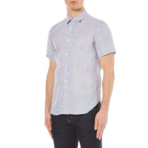 NWOT ORLEBAR BROWN Shirt L Linen Blue Short-Sleeve Button-Up Classic-Fit”Meden”